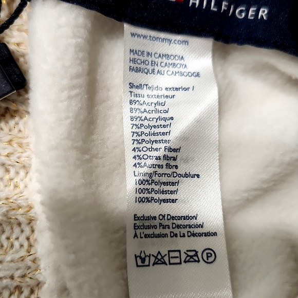 NWT Tommy Hilfiger Pom Pom Lined Beanie Cream Gold Metallic One Size Hat - Picture 7 of 10